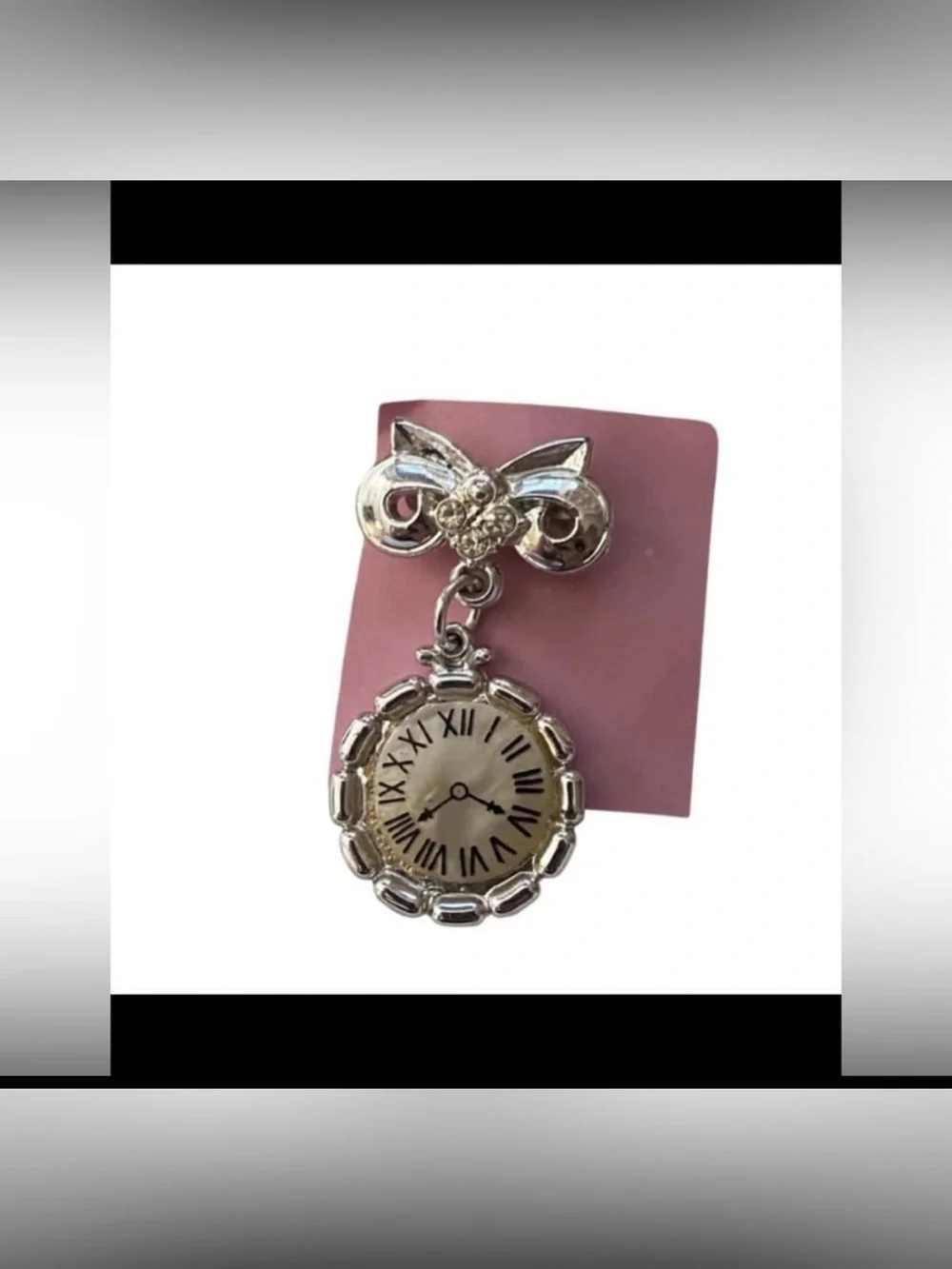 Vintage Silver Tone Faux Watch & Holder Brooch #6162